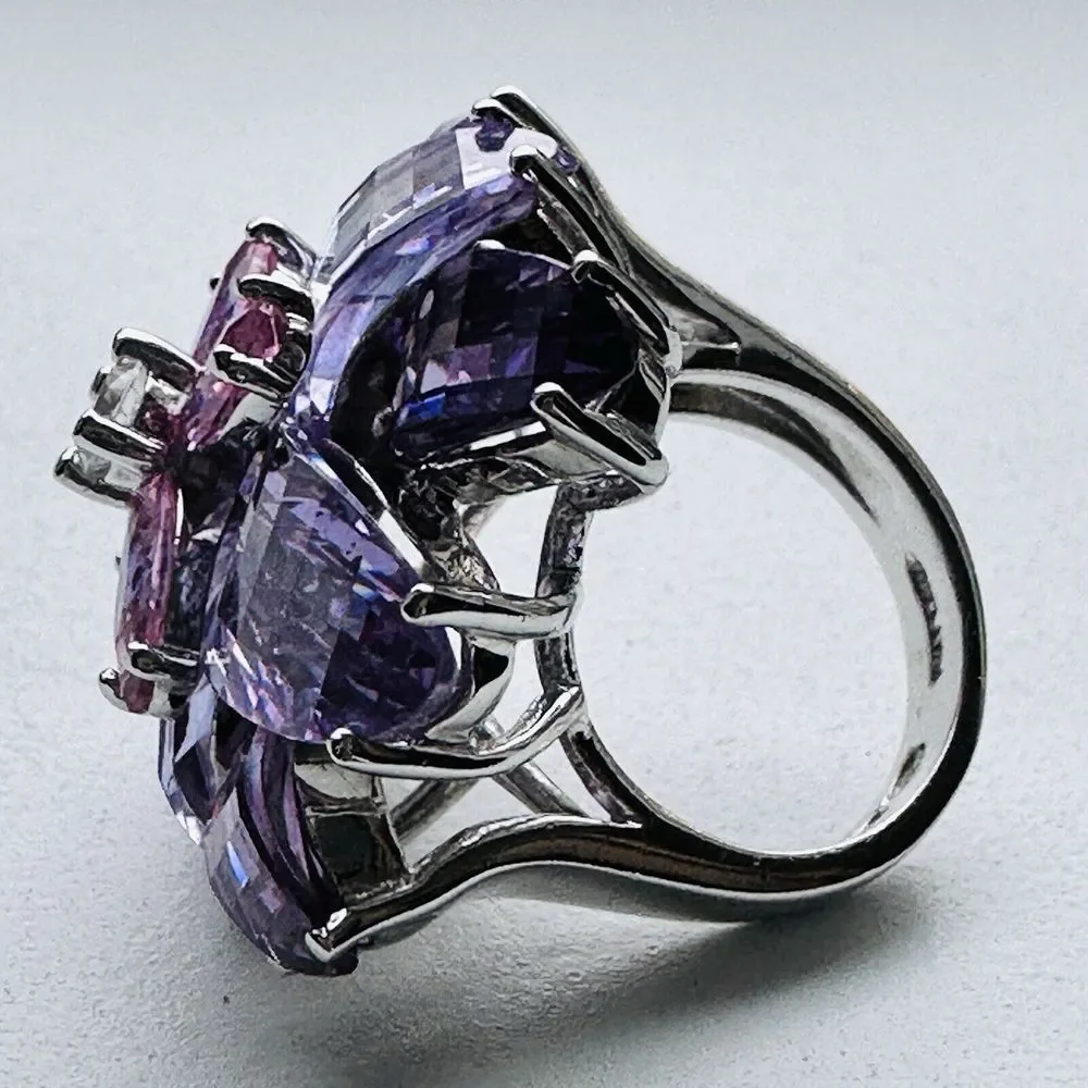 Statement Flower Ring Size 5 Purple Pink Gemstones Chunky Sterling Silver‎ 16+g